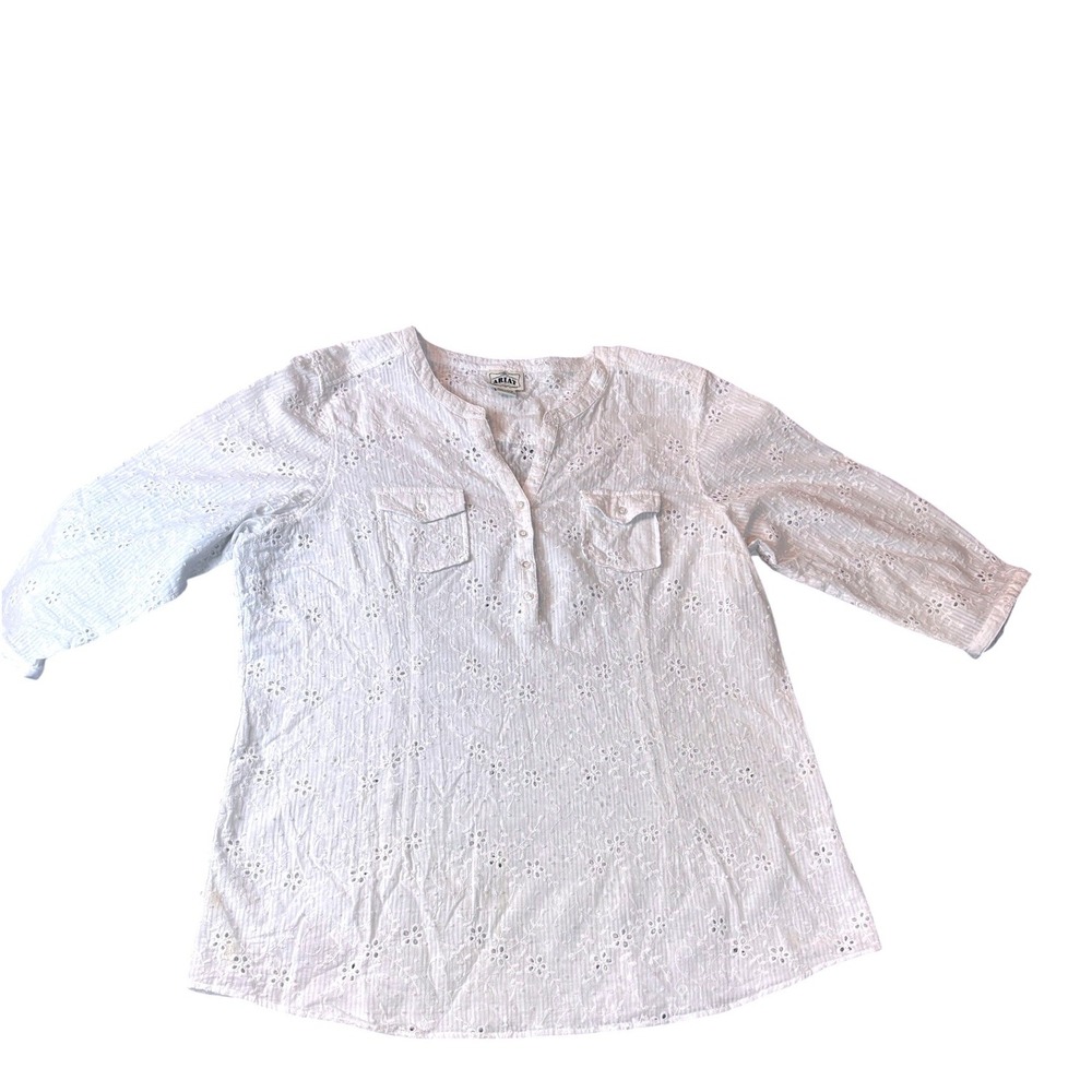 Ariat Eyelet Blouse Womens XXL‎ White Cotton 3/4 Sleeve Button Neck Top